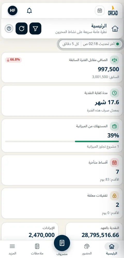الشاشة الرئيسية لأوركاد على الهاتف