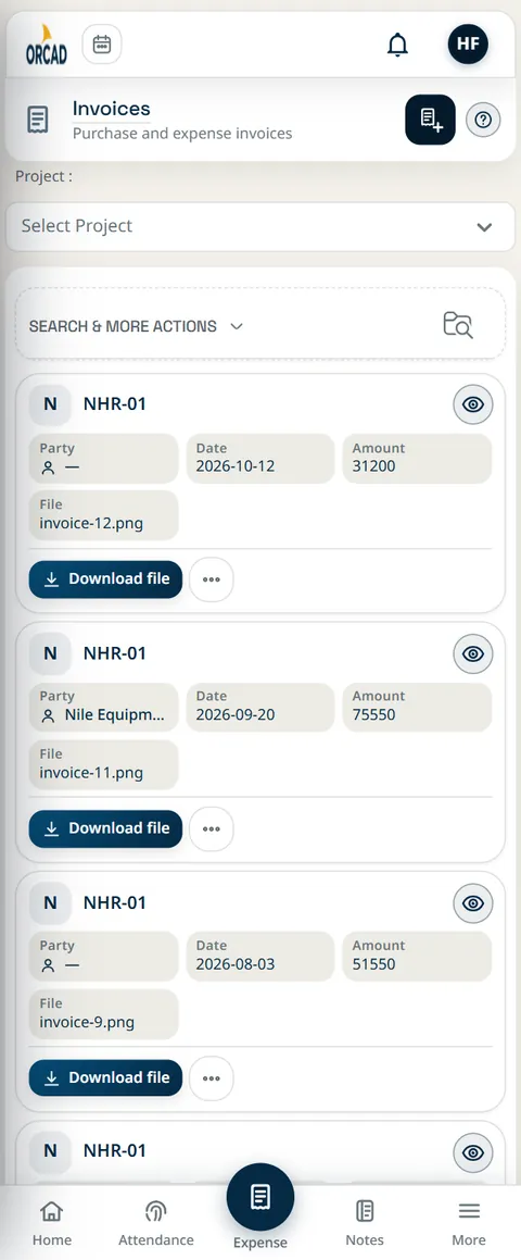 Invoices screen on a phone