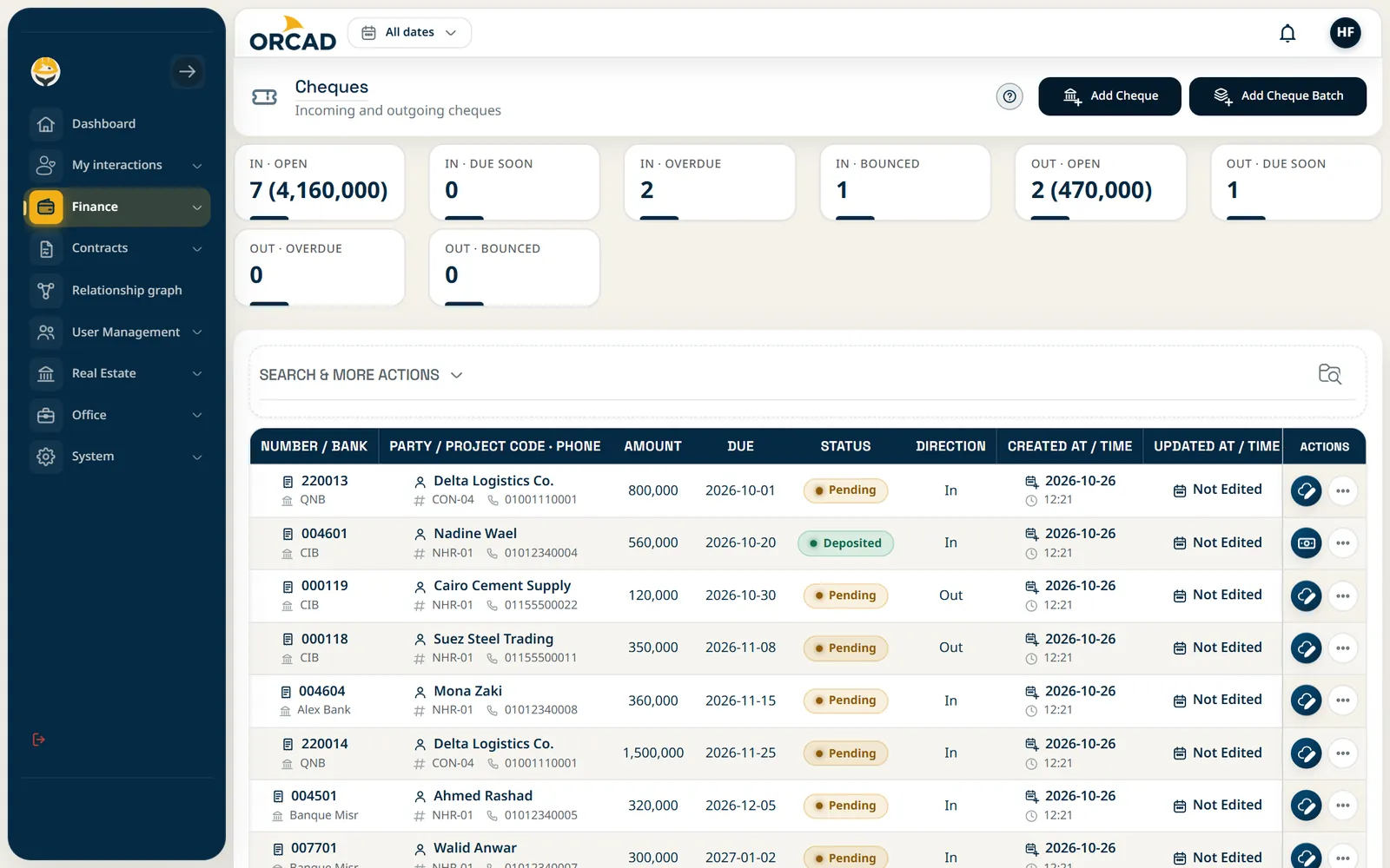 Cheques and payments: Cheques screen